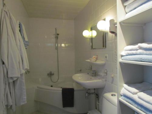 a bathroom with a sink and a shower and a tub and a toilet at Appartementen Huize Eikenhof in Bergen