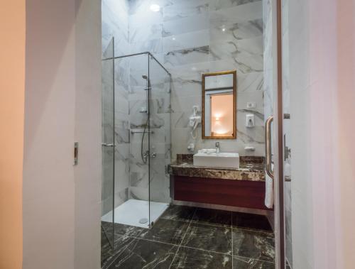 a bathroom with a shower and a sink and a mirror at 1920s Boutique Hotel and Restaurants in Cairo