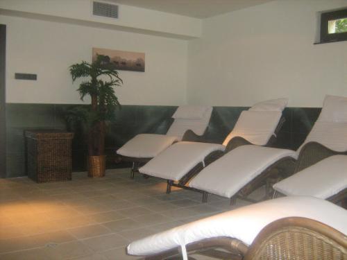a row of white chairs in a room with a plant at Hotel Villa Ofir in Sandanski