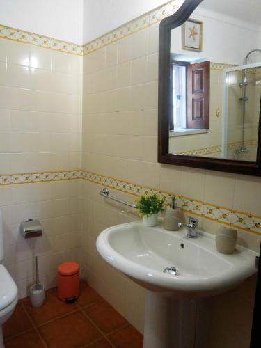 a bathroom with a sink and a mirror at Casa AMOReira de Óbidos in Amoreira