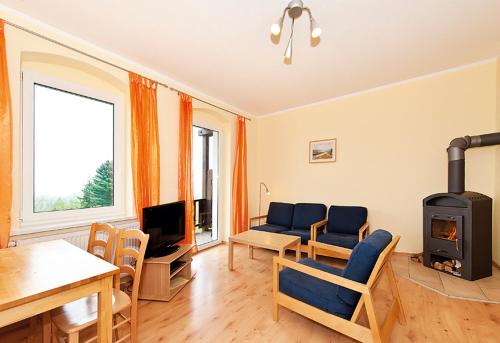 a living room with a couch and a stove at Panorama-Apartments Weinberghaus in Mittelndorf