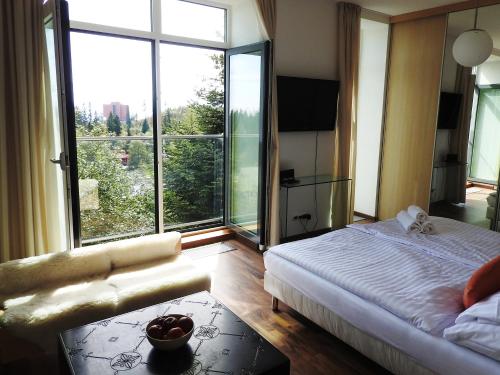 Cette chambre comprend un lit et une grande fenêtre. dans l'établissement Štrbské Pleso rezidencia Oliver - apartmán 16A, à Štrbské Pleso