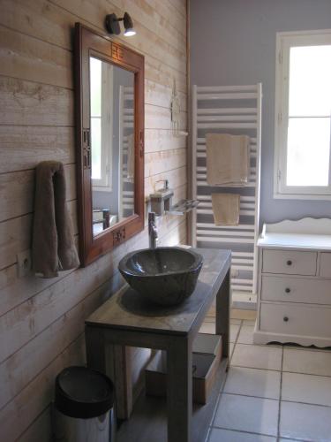 une salle de bain avec un lavabo et un miroir dans l'établissement Chambres d'hôtes de l'Abbaye, à Nieul-sur-lʼAutise