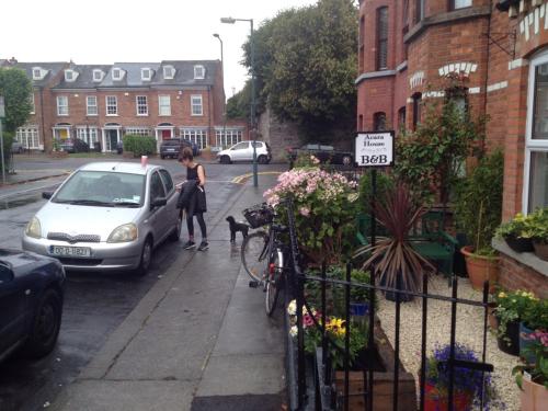 a woman walking her dog on a sidewalk next to a car at Acara House B&B in Dublin