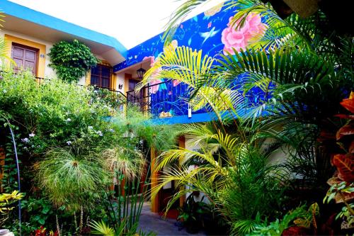 a garden with plants and a building with a mural at Hotel Las Golondrinas in Oaxaca City