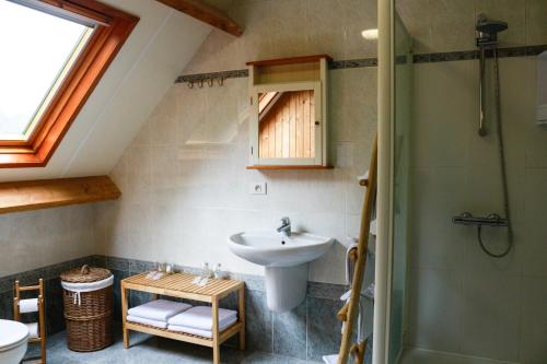 een badkamer met een wastafel en een douche bij De Loteling in Zoersel