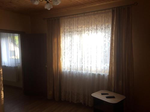 a room with a window with a white curtain at Camelot in Rakhiv