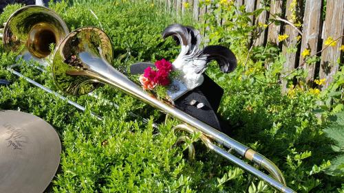 a trumpet laying in the grass with a flower on it at Landhaus Strickenmacher in Sillian