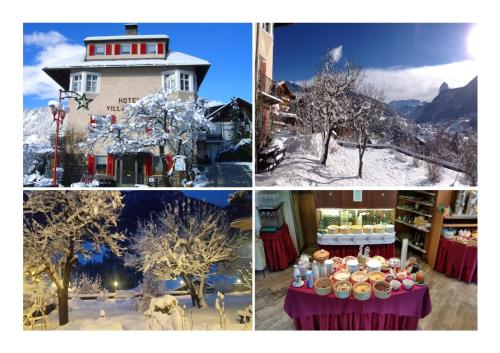 een collage van vier foto's van een huis met een tafel met gebak bij Hotel Villa Emilia in Ortisei