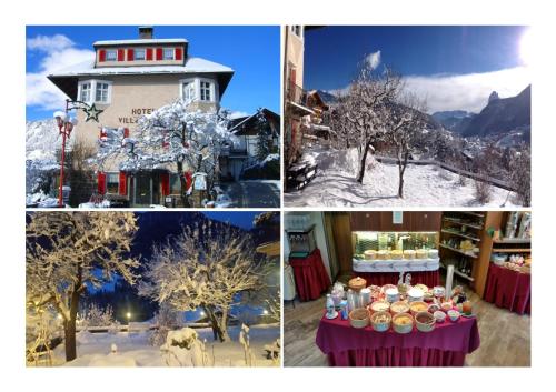 a collage of four pictures of a house with a table with cakes at Hotel Villa Emilia in Ortisei