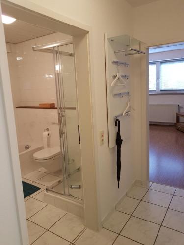ein Bad mit einer Glasdusche und einem WC in der Unterkunft 25 Schützenstraße in Diekholzen