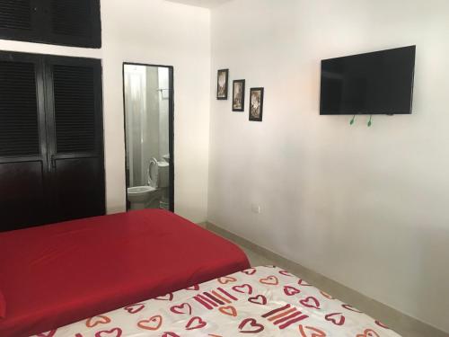 a bedroom with a bed and a flat screen tv at Santa Marta Apartamentos Salazar - Maria Paula in Santa Marta