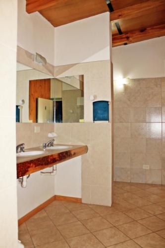 a bathroom with a sink and a shower at Alhue Patagonia Hostel in San Martín de los Andes