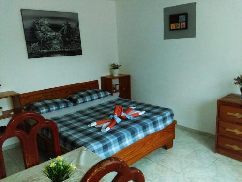 Un dormitorio con una cama con una cinta roja. en Casa Picadilly, en Boca Chica