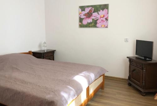 1 dormitorio con 1 cama y TV de pantalla plana en Pulawska Nr 1 en Varsovia