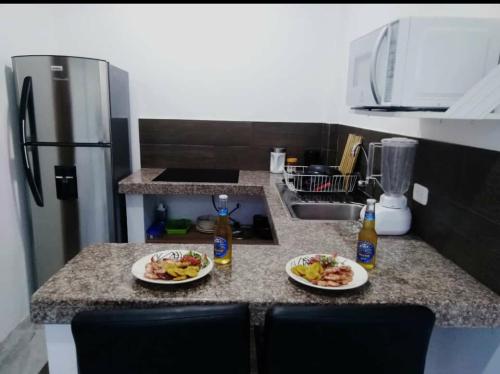 プエルト・ロペスにあるMonte Líbano Suitesのカウンターに2皿の食器を用意したキッチン