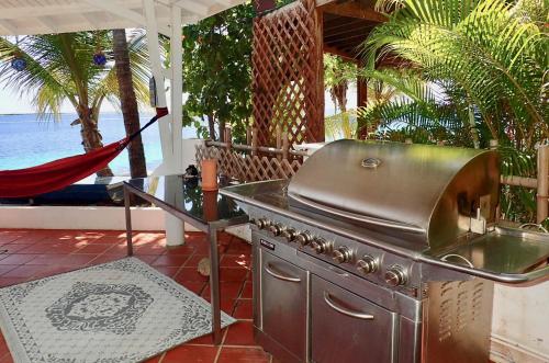 a grill on a patio with a view of the ocean at The Laughing Seahorse in Hato