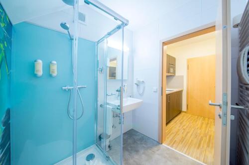 a bathroom with a glass shower and a sink at Hotel Nürnberger Hof in Neumarkt in der Oberpfalz