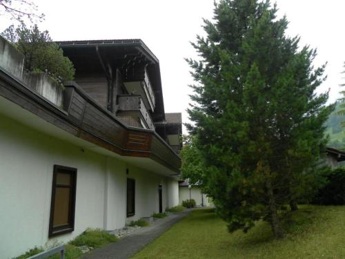 a tree next to a white building with a tree at Apartment Kronenplatz 6 # 2 by Interhome in Lenk