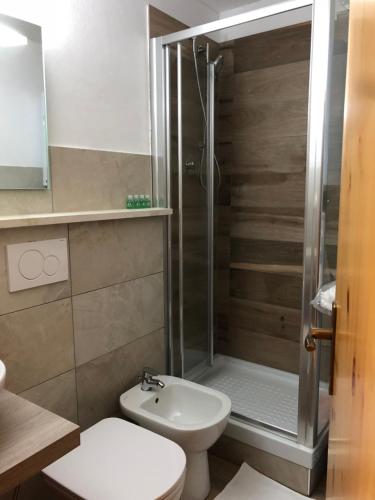 a bathroom with a shower and a toilet and a sink at Monolocale Cielo Alto in Breuil-Cervinia