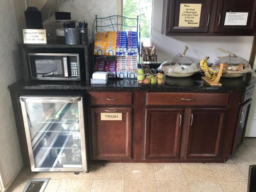 a kitchen with a counter with a microwave and a refrigerator at Howard Johnson by Wyndham Athens in Athens