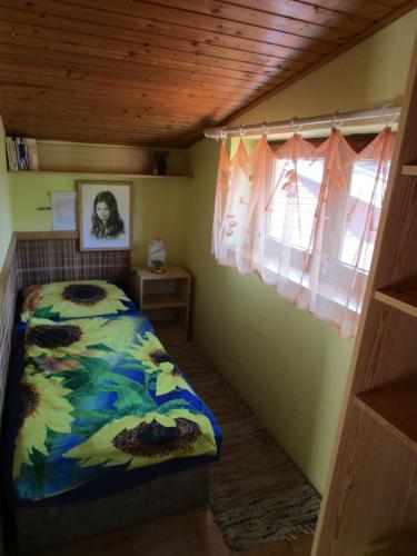 a small bedroom with a bed and a window at Penzion Slunce nad Vinným Sklepem in Moravská Nová Ves