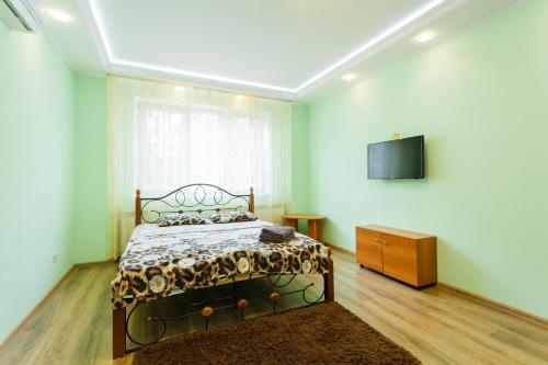 キーウにあるКвартира рядом з метро Мінськаのベッドルーム1室(ベッド1台、壁にテレビ付)