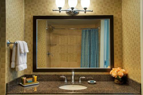 a bathroom with a sink and a large mirror at Heldrich Hotel and Conference Center in New Brunswick