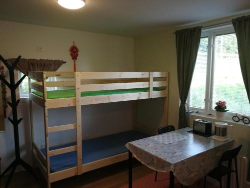 a bedroom with a bunk bed and a table at Lin's B&B in Älvsered