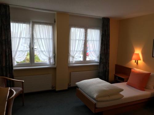 a bedroom with a bed and two windows at Hotel Eintracht in Oberbipp