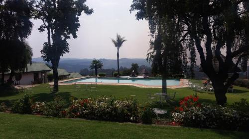 Nyanga的住宿－Montclair Hotel and Casino，一座种有树木和鲜花的庭院内的游泳池