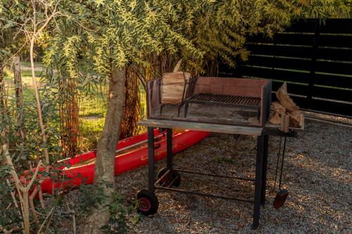 a red boat laying on the ground next to a tree at Yaku Beach in José Ignacio