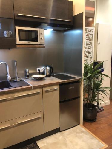 a kitchen with a sink and a microwave at Parisian Studios design by KENZO in Paris
