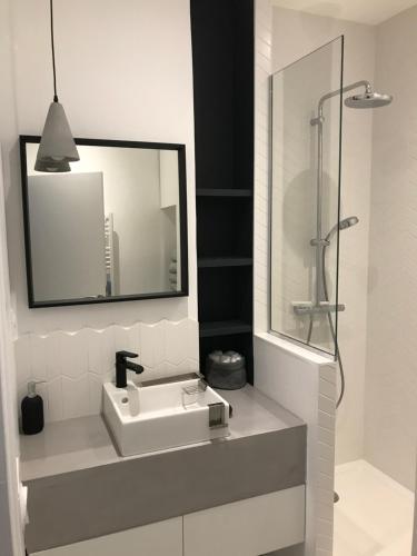 a bathroom with a sink and a glass shower at Appartement de charme in Saint Malo