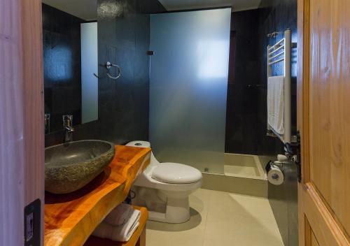 a bathroom with a sink and a toilet at Cabañas Peumayen in Puerto Varas