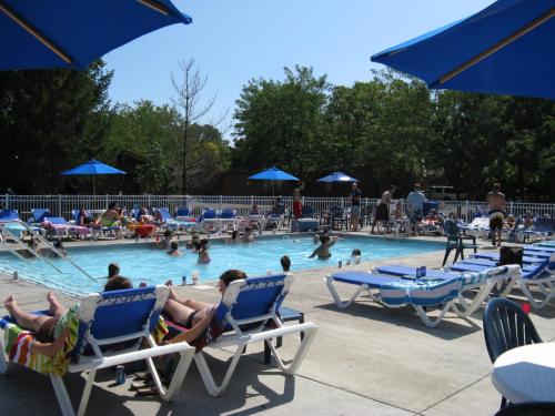 un grupo de personas sentadas en sillas en una piscina en Island Club #71, en Put-in-Bay