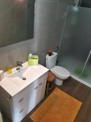 Un baño con lavabo, inodoro y espejo. en Cozy Place, en Sintra
