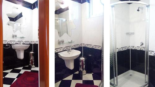 three pictures of a bathroom with a sink and a shower at Aya's Apartment in Plovdiv