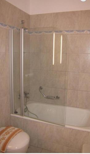 a bathroom with a shower and a toilet and a tub at Valsami Hotel Apartments in Kremasti