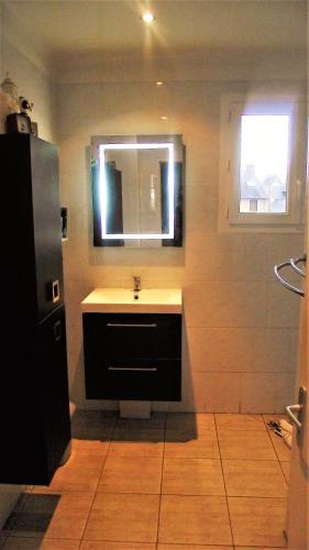 une salle de bain avec un lavabo et un miroir dans l'établissement Maison au centre de Camazen, à Pludual