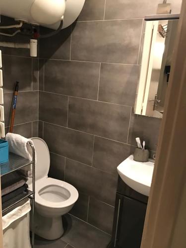 une salle de bain avec toilettes et lavabo dans l'établissement Notre Dame de Lorette 75009 Paris, à Paris