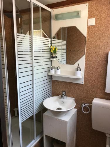 a bathroom with a sink and a mirror at Auf die 12 - Auf die 13 in Freyung