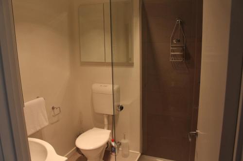 y baño pequeño con aseo y ducha. en Point Lonsdale 1 Bedroom Apartment, en Point Lonsdale