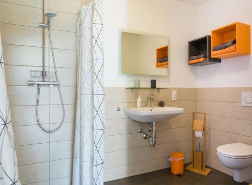 a bathroom with a sink and a toilet and a shower at Ferienwohnungen beim Wohlfühlhaus Freiamt in Freiamt