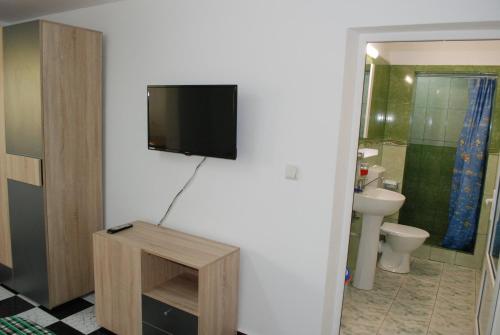 a bathroom with a flat screen tv on a wall at Holiday House Costinesti in Costinesti