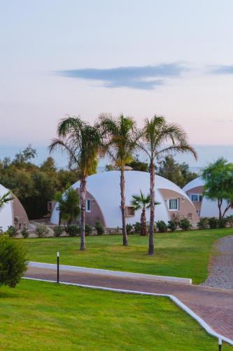 a group of palm trees in front of a house at Torre Cintola Greenblu Sea Emotions in Monopoli
