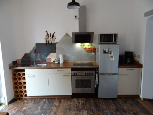 a kitchen with a refrigerator and a sink at Villa "Schöni" in Senftenberg