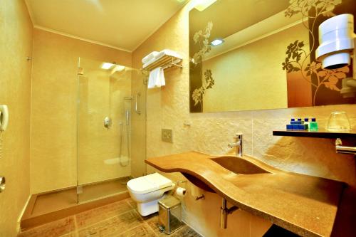 a bathroom with a sink and a shower and a toilet at Konak Hotel Taksim in Istanbul