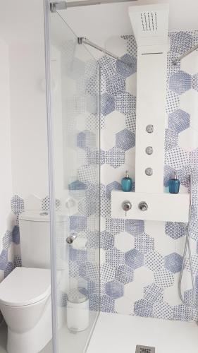 a bathroom with a toilet and a glass shower at A Casiña de Dina in Finisterre