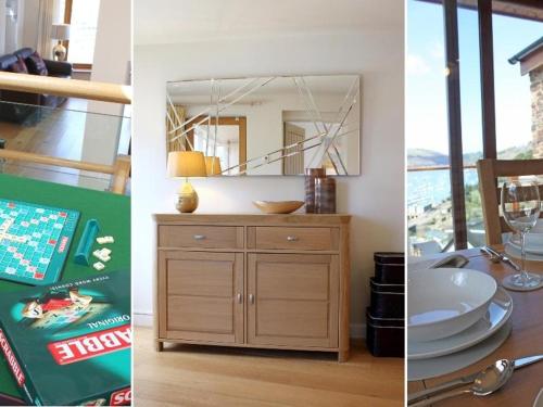 duas fotos de um quarto com uma mesa e um espelho em Totherside em Dartmouth